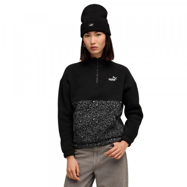 PUMA ESS Animal Print R Crew Γυναικείο Polar Fleece Με Φερμουάρ - ΜΑΥΡΟ